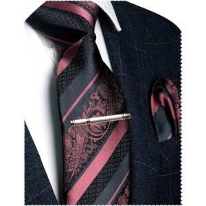 Men's Floral Necktie and Pocket Square Tie Clip Sets for Men Dusty Rose